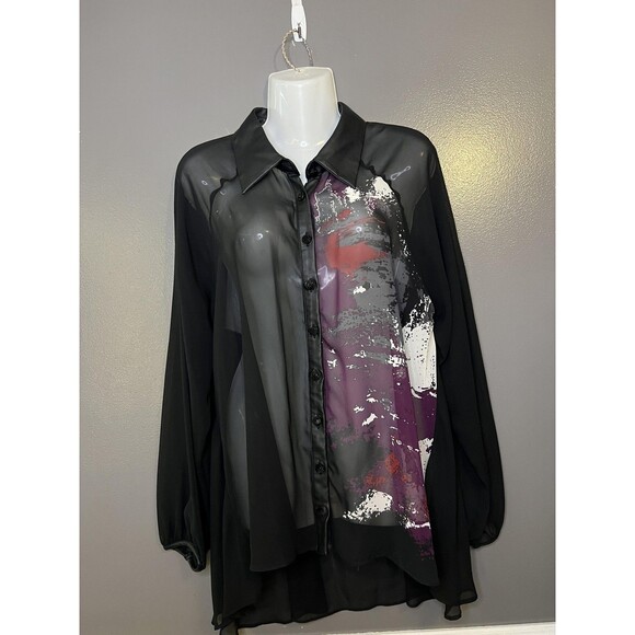 Bisou Bisou Blouse Womens Large Black Sheer Abstract Print Faux Leather Tunic - Picture 2 of 10